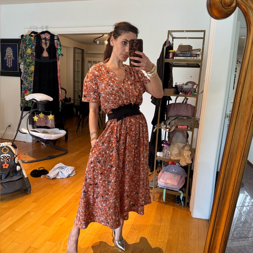 Women's Rust Floral Midi Dress with Black Waist Detail